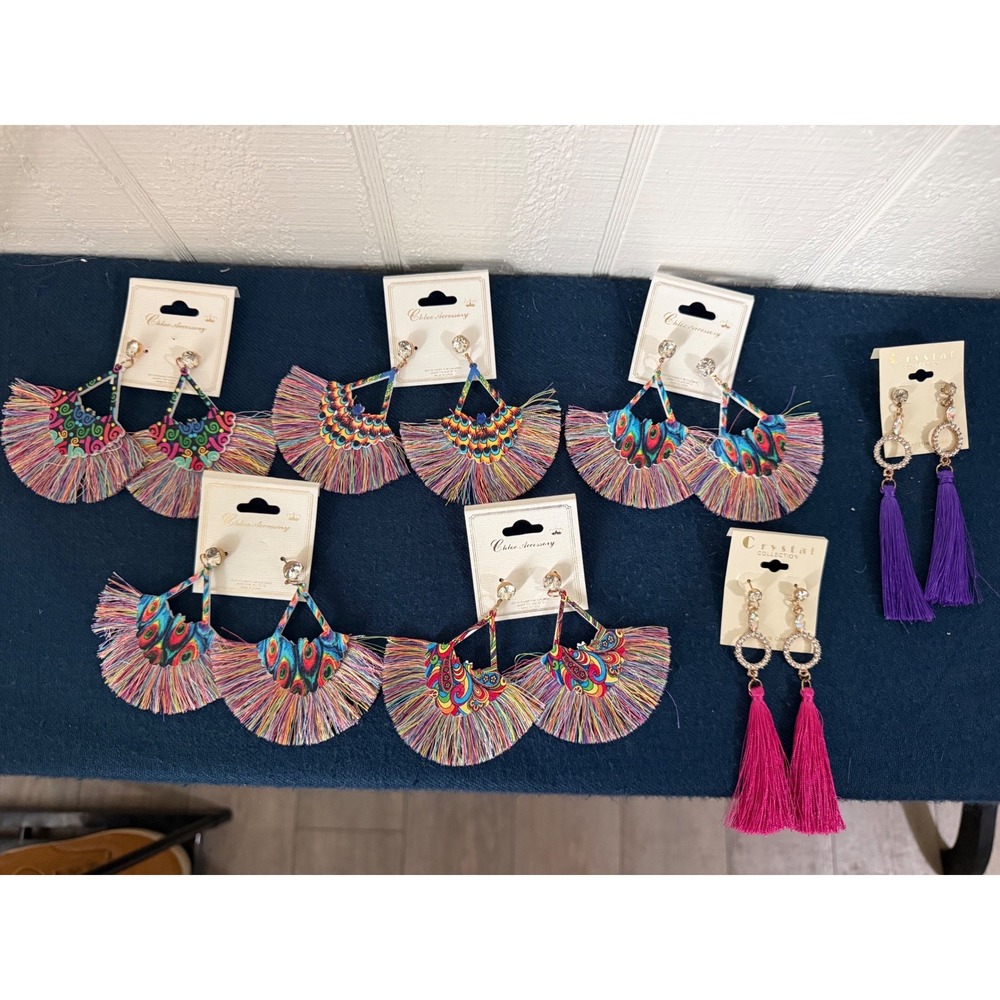 Bundle 5- Boho Tassel Fan Earring Multicolor Peacock Rhinestone Drop Lot 7